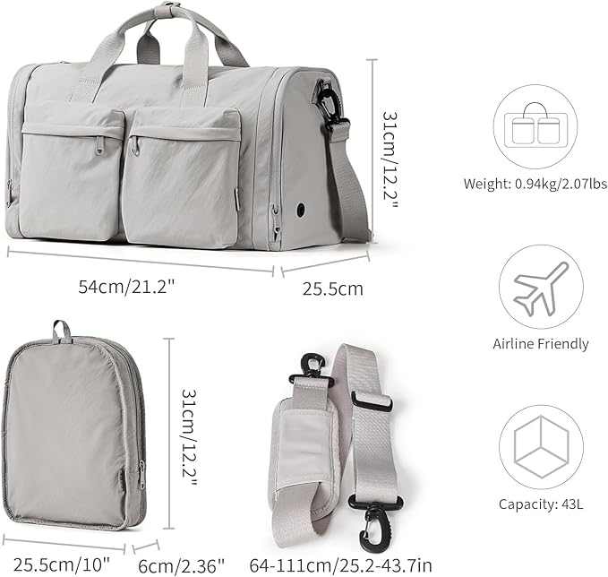 Foldable Travel Duffel Bag for Women with Shoes Compartment, 3 in 1 Carry on Gym Bag with Removable Dry Wet Bag, Lightweight&Water Resistant Duffel Bag for Travel,Sports&Workout, Elegant Gray