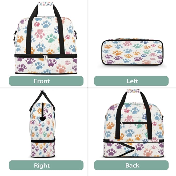 Foldable Travel Duffel Bag for Women - Carry on Personal Item Bag with Shoes Compartment, Weekender Overnight Duffle Bags Sport Tote Gym Luggage for Airplanes Traveling(Dog Paws)