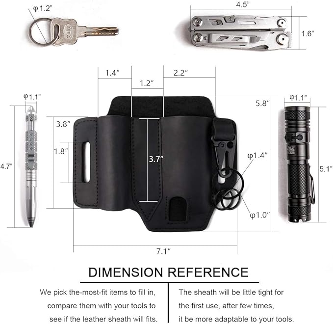 Gentlestache Multitool Sheath for Belt, Leather EDC Pocket Organizer for Men, Leatherman Sheath with Pen Holder, Key Fob, Flashlight Sheath, EDC Leather Pouch Black