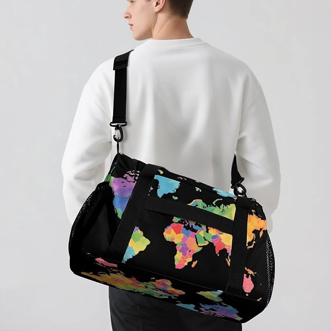 Colorful World Map Duffle Bag Gym Bag for Workout Travel Tote with Detachable Straps