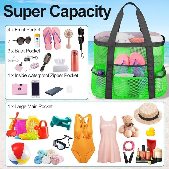 Mesh Beach Bags for Women - Family Beach Tote Bag for Toys, Towels, Travel Vacation Cruise Essentials