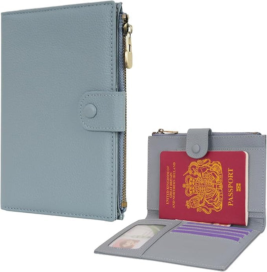 WASON Leather Passport Cover Travel Wallet RFID Blocking – Passport Holder Slot with Zipper Pocket for lD, Boarding Pass,Ticket, Cash, SD Card, Travel Essentials for Men and Women (Light Blue)