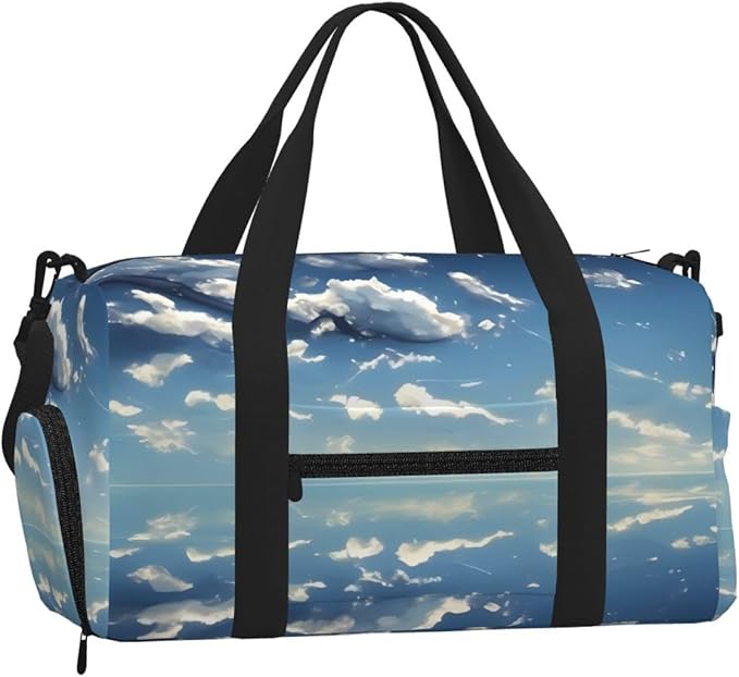 Blue sky and white clouds Print Gym Bag with Shoe Compartment for Women Men, 17.7in Sports Duffle Weekender Tote, Overnight Travel Duffel Bag Carry On