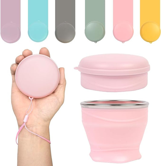 Collapsible Travel Cup with Lid (6oz/180ml) - BPA Free Silicone Folding Cup with Stainless Steel Rim - Portable Pocket Size Drinking Cup for Mouthwash, Pills, Hiking, Camping & Kids(Pink)