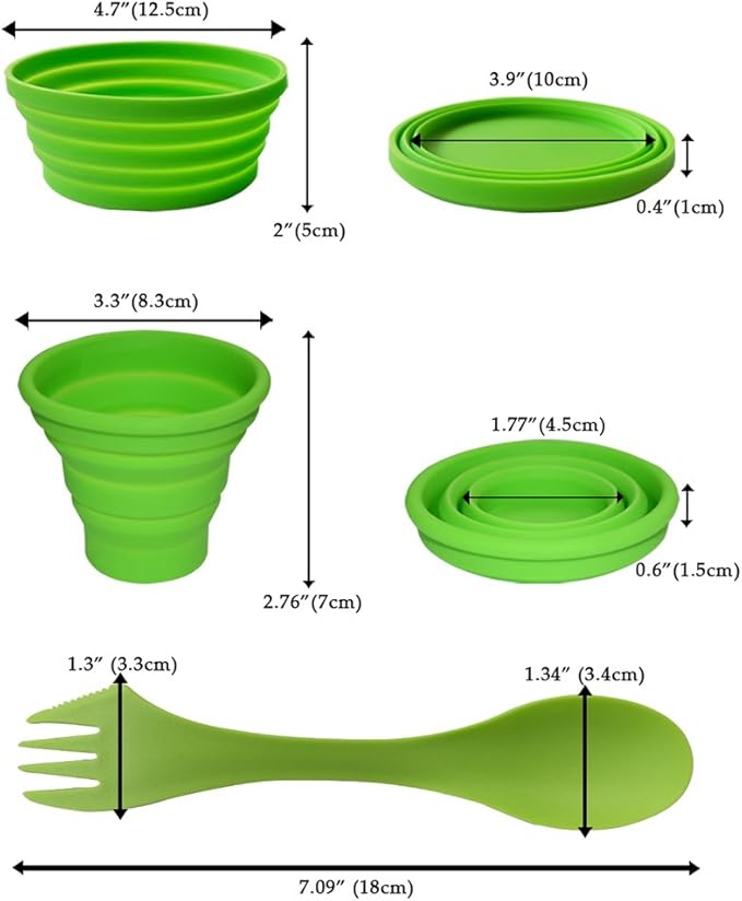 Ecoart Silicone Collapsible Bowl Cup Set with Spork for Outdoor Camping Hiking Travel - Set of 3