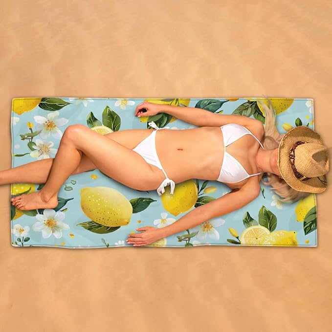 Lemon Summer Flowers Beach Towel, Large Microfiber Quick Dry Lightweight Pool Bath Towels Sand Free Beach Blanket for Summer Cruise Yoga Camping Travel Vacation Essentials 31 x 61 in
