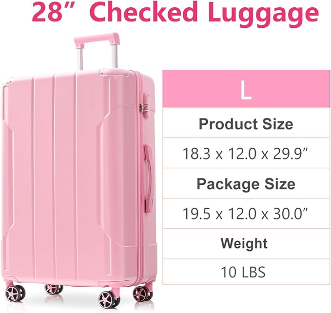 28 Inch Large Checked Luggage Hardside Suitcase with Spinner Wheels, Pink Lightweight Expandable Hard Shell ABS Suitcases with TSA Lock, Large Travel Luggage for Women, Men
