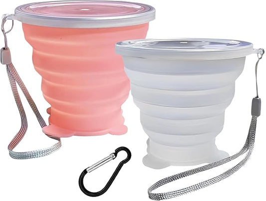 Collapsible Cups, Silicone Collapsible Travel Cup-Expandable Folding Camping Drinking Cup with Lids Reusable Small Portable Mugs-Cups for Travel, Camping, Hiking, Outdoor Sports Pink White