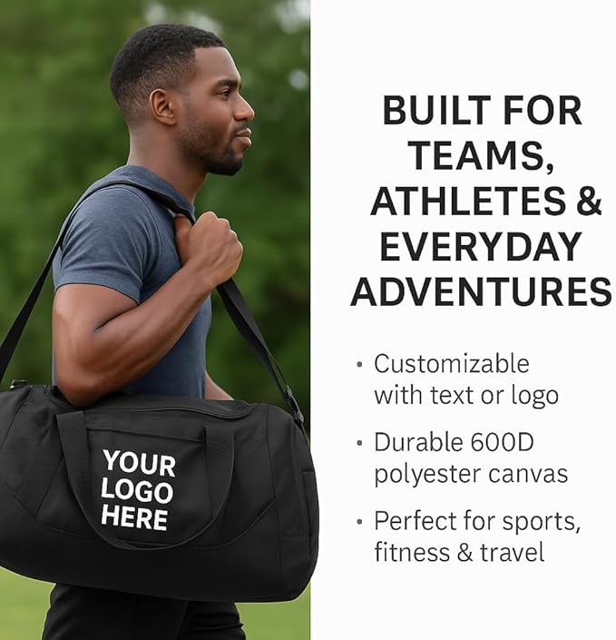 Personalized Duffel Bag with Custom Text or Logo – Large Sports & Travel Gym Bag – Customizable Team, Sport, Fitness, or Corporate Logo Bag (Navy/Black)