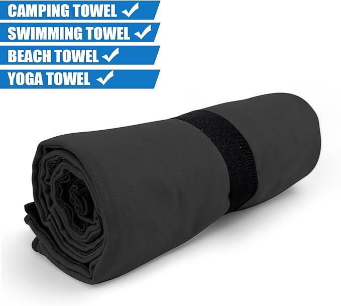 Camping Towel Microfiber Quick Dry Hiking Beach Swimming Pool Travel Hot Yoga Mat Body Towels(Black, 1 Pack XL)