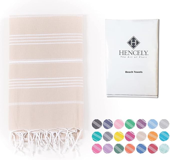 Hencely Turkish Beach Towel 37x68 Oversized, Sand-Free, Quick-Dry, Lightweight - Travel Essential for Pool & Bath - Striped 100% Cotton Bathroom Towels Accessories Gift (Beige)