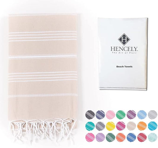 Hencely Turkish Beach Towel 37x68 Oversized, Sand-Free, Quick-Dry, Lightweight - Travel Essential for Pool & Bath - Striped 100% Cotton Bathroom Towels Accessories Gift (Beige)