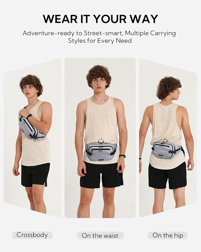 WATERFLY 3L Large Fanny Pack, 180° Opening Hip Pouch with Multi-Pockets, Anti-Theft RFID Blocking Waist Bag for Women Men Traveling Hiking Daily Use