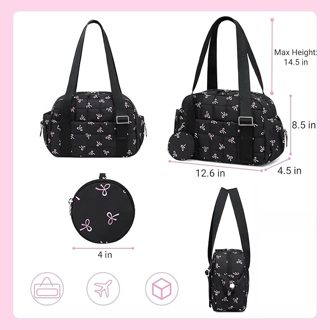 CAMTOP Mini Gym Bag for Women, Small Gym Tote Bag Puffy Quilted Sports Duffel Bag with Wet Compartment and Coin Purse Duffel Bags Dance Yoga Workout Bag for Gifts (Black Pink Bow, Mini-12.6")