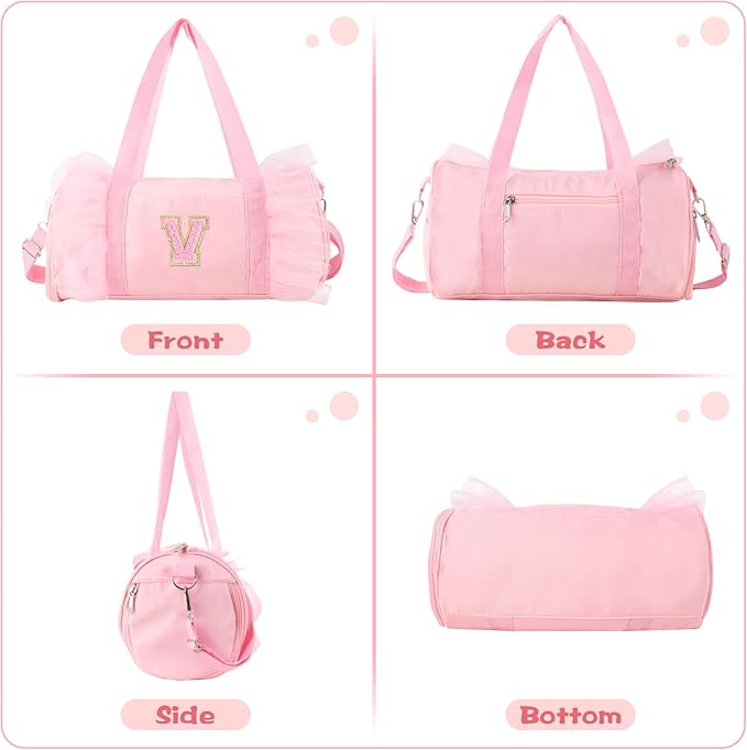 Personalized Initial Dance Bag for Girls 6-9, Medium Lace Gym Sport Yoga Cheer Dance Bags Gift for Teen Girls, Cute Letter Kids Ballet Bag Toddler Travel Duffel Tote with Adjustable Straps(Pink-V)