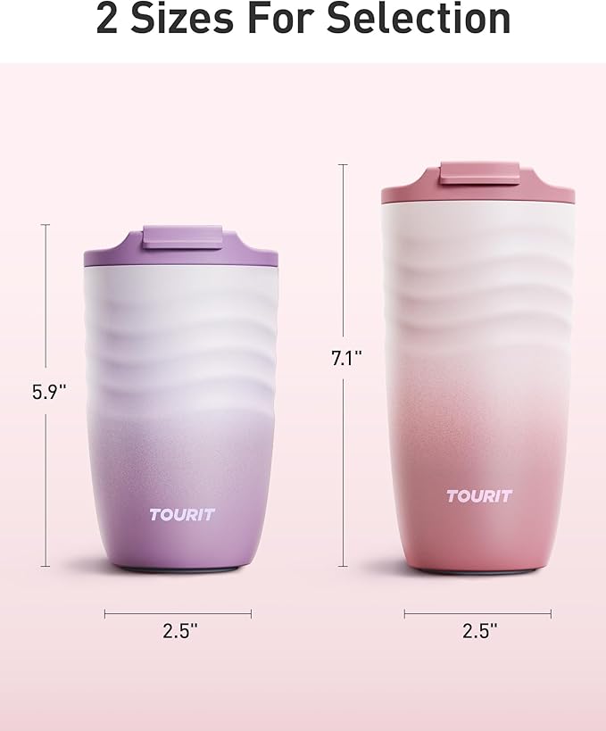 TOURIT 12 oz Travel Coffee Mug, Insulated Stainless Steel Travel Mug with Lid, Leak-Proof Double-Wall Vacuum Tumbler, Reusable Coffee Cup - Pink