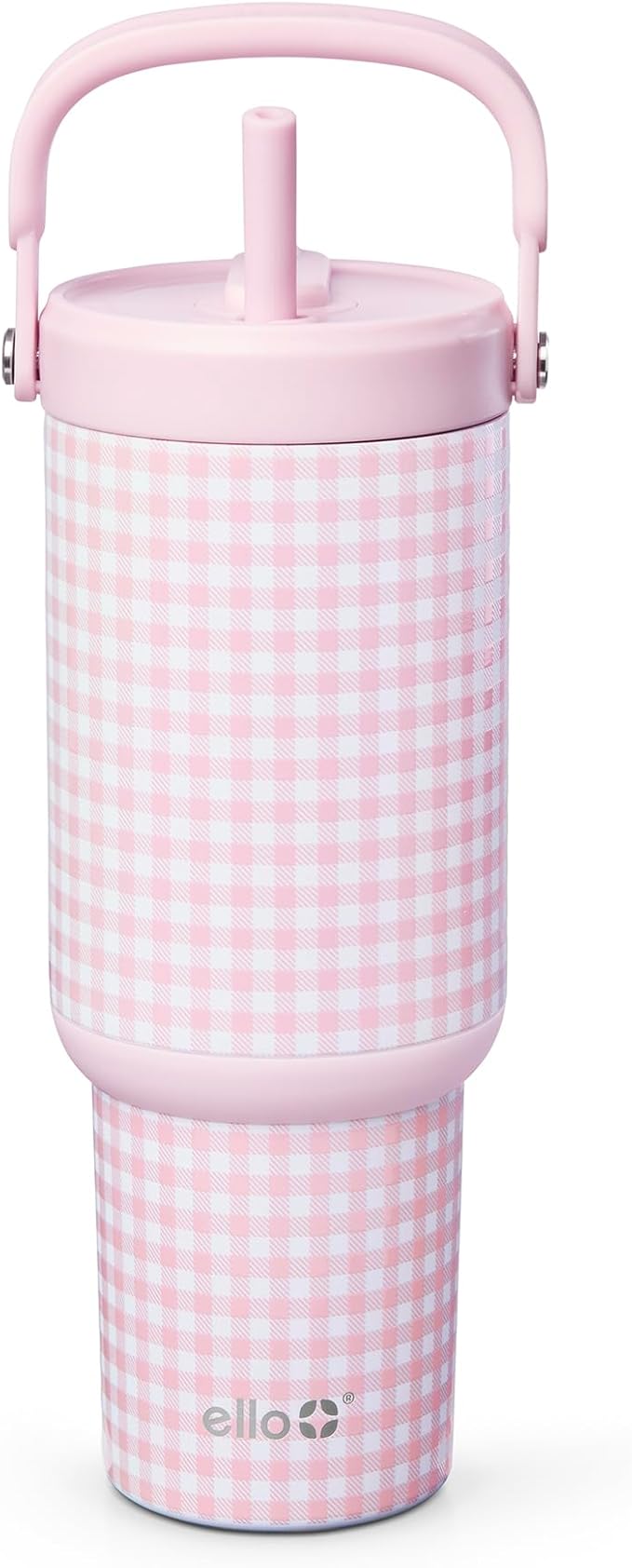 Ello Oasis Go+ 26oz Tumbler with Top Handle and Retracting Straw | Reusable Insulated Stainless Steel Cup, 100% Leakproof Water Bottle, 24 Hours Cold, Cup Holder Friendly For Travel | Pink Gingham