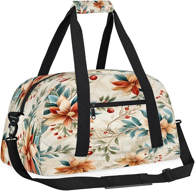 Sports Duffel Bags, Poinsettia Red Berries Water-Resistant Gym Duffle Bag for Men Women, Lightweight Weekender Overnight Bag for Fitness, Workout, Travel
