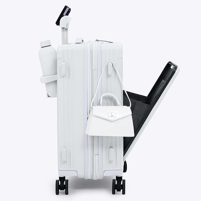 Nobl Travel Carry On Expandable Luggage, Noble Aluminum Frame PC Hard Shell Suitcase, 22.5”x14.2”x9.8” Airline Approved, 360° Spinner Wheels, TSA Locks, USB Charging, Cup & Phone Holder - Ivory