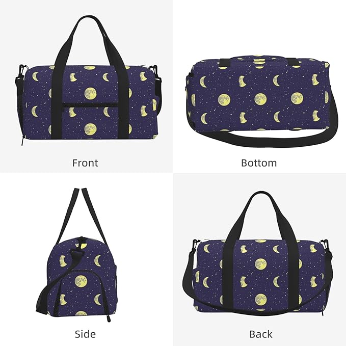 Sky with Moons Stars Print Gym Bag with Shoe Compartment for Women Men, 17.7in Sports Duffle Weekender Tote, Overnight Travel Duffel Bag Carry On