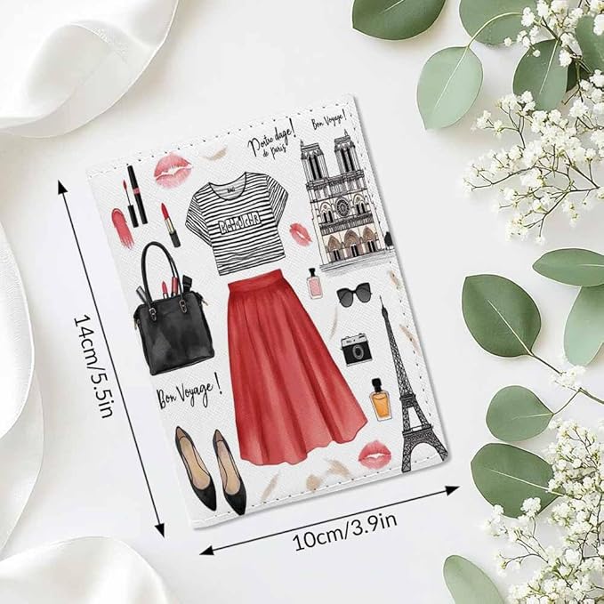 Paris Girl Style Passport Holder for Travel Shirt Shoes Eiffel Tower Bag Glasses PU Leather Passport Cover Wallet Cute Passport Card Holder for Women and Men