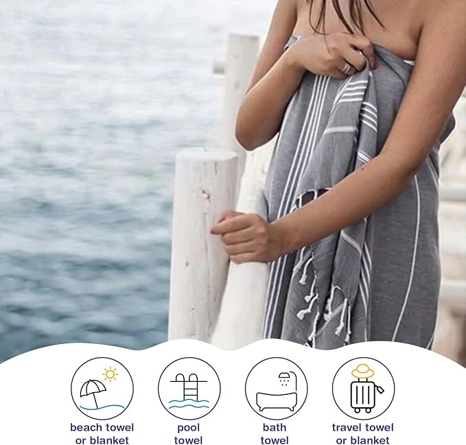 Turkish Beach Towels, Pack of 6 | Oversized, Quick Dry, Sand Free | 100% Cotton, Large 38x71 Towels for Beach, Pool, Travel | Ultra-Soft, Compact, and Absorbent | Gray