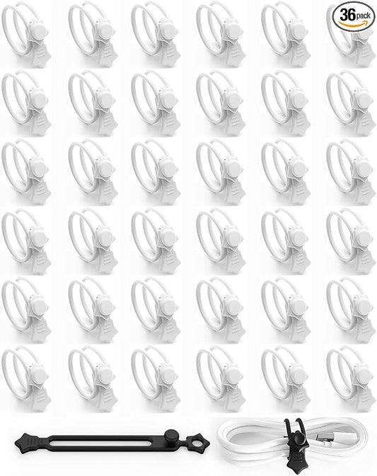 36-Pack Silicone Cable Ties, Reusable Cord Organizer Straps With 2 Binding Methos, Durable & Stretchable Wire Management for Home, Office, Travel (White)