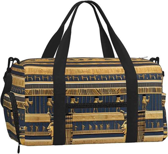 Egyptian Pharaonic Frescoes Print Gym Bag with Shoe Compartment for Women Men, 17.7in Sports Duffle Weekender Tote, Overnight Travel Duffel Bag Carry On