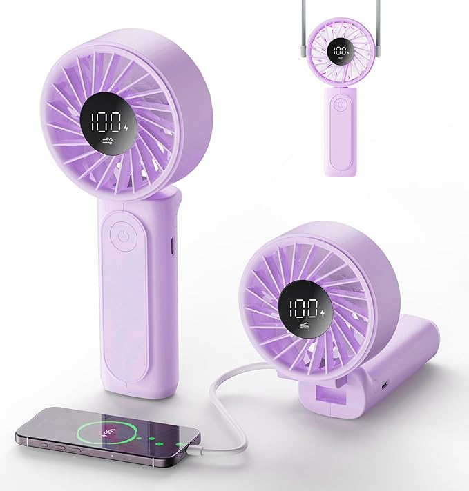 Portable Fan, 4000mAh USB Rechargeable, 180° Foldable Mini Desk Fan, 6 Wind Speed, LCD Digital Display, Lanyard as Neck Fan, Ultra Quiet, Pocket Size for Indoor Outdoor