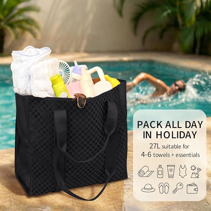 MOMINSIDE Beach Bags for Women Mesh Beach Bag - Large Beach Tote Bag with Zipper, 2 Insulated Pocket, Hat & Towel Clips, Foldable Swim Bag Pool bag for Toys, Towels & Vacation Essentials