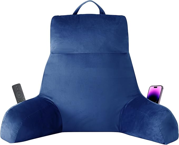 Reading Pillow with Arms for Adult, Back Pillow for Bed Sitting Up, Shredded Memory Foam Backrest Pillow with Pockets & Removable Washable Cover, Lounging, Watching TV, Reading(24" Navy Blue)