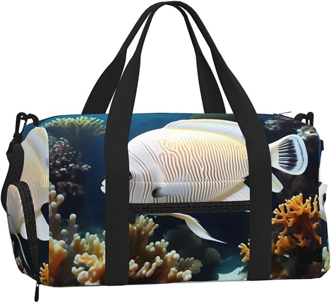 White-golden fish Print Gym Bag with Shoe Compartment for Women Men, 17.7in Sports Duffle Weekender Tote, Overnight Travel Duffel Bag Carry On