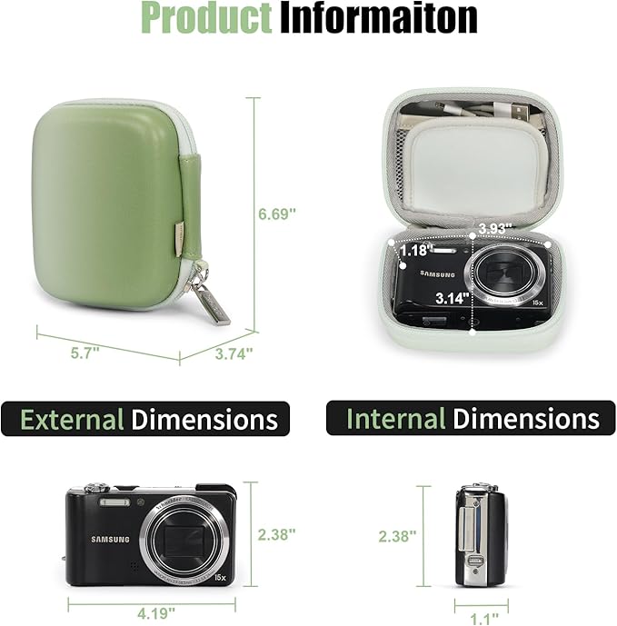 Cwatcun Carrying & Protective Case for Digital Camera, Small Camera Pouch for AbergBest 2.7" LCD Kodak Pixpro/Canon PowerShot ELPH 180/190 / DSCW830 Travel Cameras, Water-resistant Case - Green
