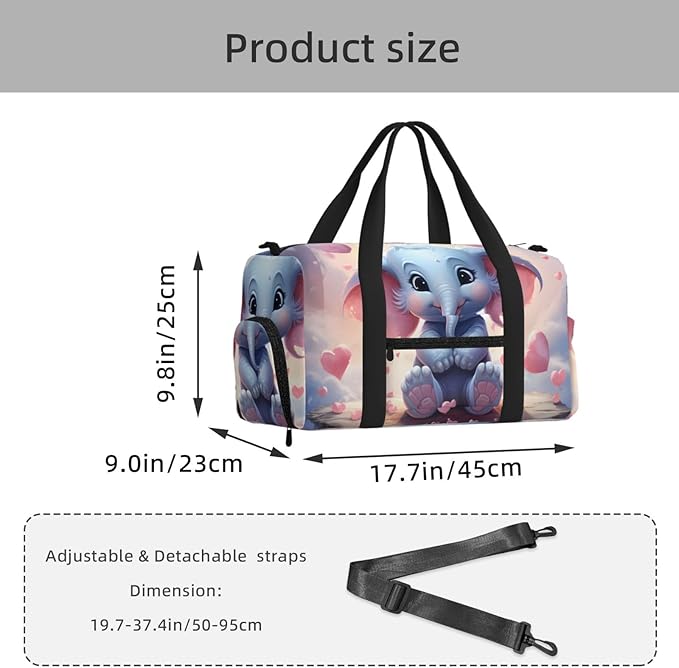 Sports Gym Bag Cartoon Elephant Travel Duffel Bag With Shoe Compartment Shoulder Strap, Lightweight Water-Resistant Weekend Overnight Totes For Women Men