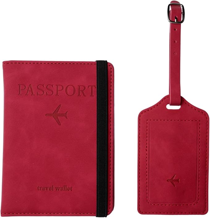 Luggage Tag and Passport Holder Set,Passport Cover with Card Slot and Boarding Pass Slot Combo,Passport Travel Must Have, Waterproof and Scratch Resistant Travel Accessories（Red）