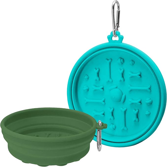 2-Pack Collapsible Dog Bowls with Suction Cups & Scraper - 16oz Travel Pet Bowls for Food/Water, Non-Slip Feeding Dish for Dogs, Includes Carabiner Clip Cyan-Olive Green