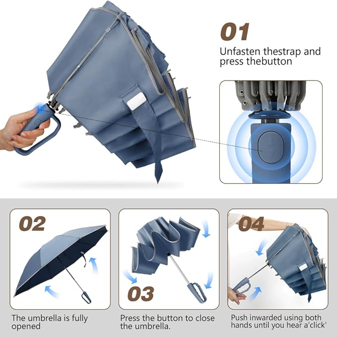 TOPSAIL 10 Ribs Inverted Umbrella with Carabiner Handle, Large Sturdy Folding Umbrellas Windproof for Rain & Sun, 49" Big Reverse Foldadble Umbrella for Travel Portable with Safe Reflective Strip, for Women Men