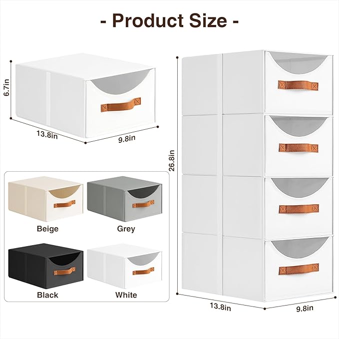 Stackable Storage Drawers - Collapsible Storage Bins with Drawers, 4 Pack Closet Shelf Organizer Basket, Fabric Pull Out Organizer for Bedroom, Living Room, Dorm, White