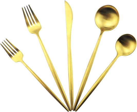 Gugrida 5-Piece 18/10 Stainless Steel Matte Gold Flatware Set - Dishwasher Safe, Perfect for Home, Office, or Travel