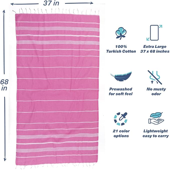 Hencely Turkish Beach Towel 37x68 Oversized, Sand-Free, Quick-Dry, Lightweight - Travel Essential for Pool & Bath - Striped 100% Cotton Bathroom Towels Accessories Gift (Pink)