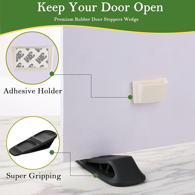 Fursafe&Q Rubber Door Stoppers for Bottom of Door, Door Stop Wedge with Holder, Heavy Duty Doorstops 2 Pack, Wall Protector for Home & Office & School & Commercial Doorstop Keep Open Stack Black