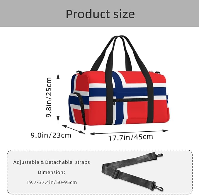 Norwegian flag Print Gym Bag with Shoe Compartment for Women Men, 17.7in Sports Duffle Weekender Tote, Overnight Travel Duffel Bag Carry On