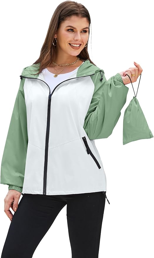 PITINAN Lightweight Rain Jacket Women Packable Wind Breaker Light Rain Jacket Women Waterproof Travel Raincoat S-XXL
