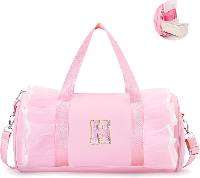 Personalized Dance Bag for Girl | Small Initial Gym Sport Yoga Cheer Duffle Bags Gift for Teen Girls | Chenille Letter Kids Ballet Bag Preppy Stuff Toddler Girl Birthday Gift (Pink H, SMALL)