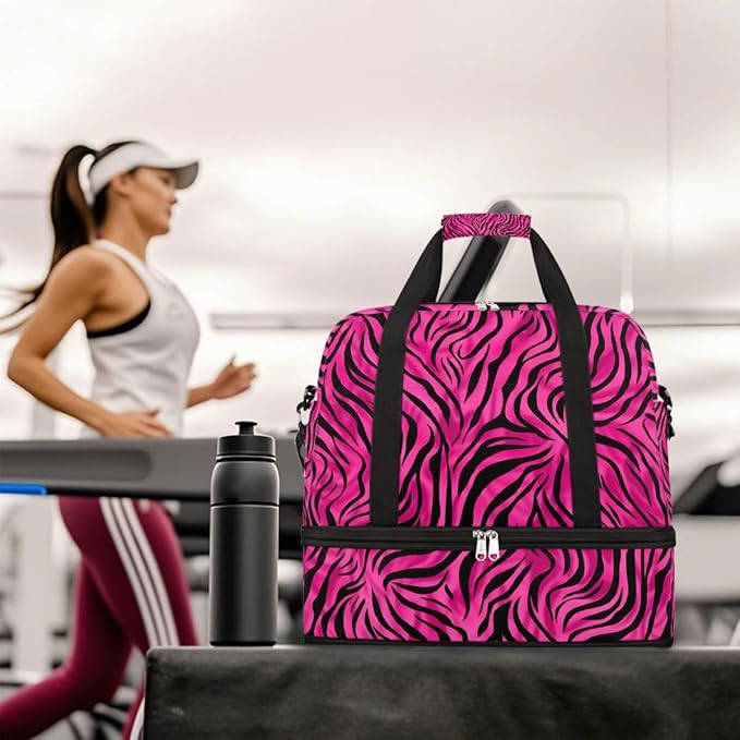 Pink Zebra Print Sports Duffel Bag Lightweight Gym Bag with Shoe Compartment Waterproof Travel Weekender Bag for Women and Men