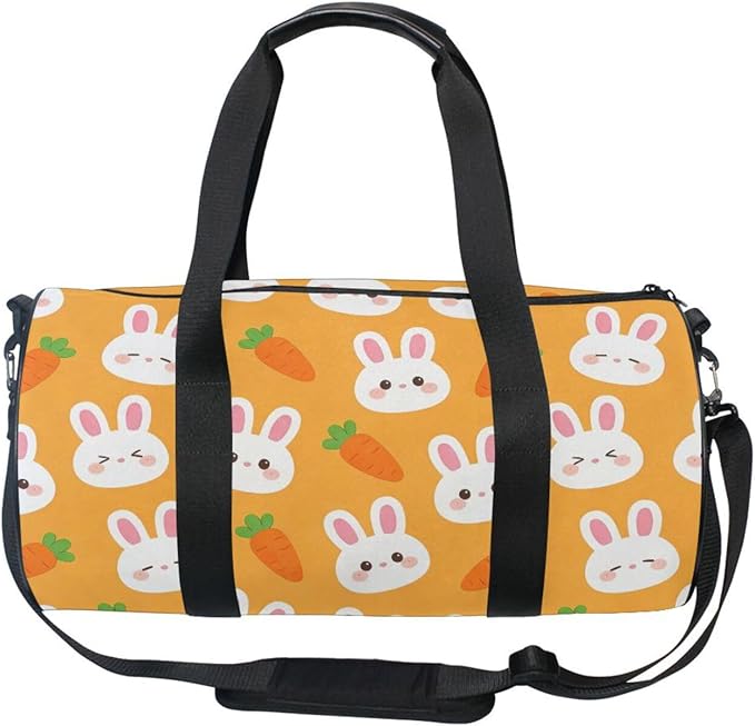 Sports Duffel Bag Easter Orange Gym Bags for Women Men Round Travel Weekender Overnight Duffel Bag Rabbits Carrots