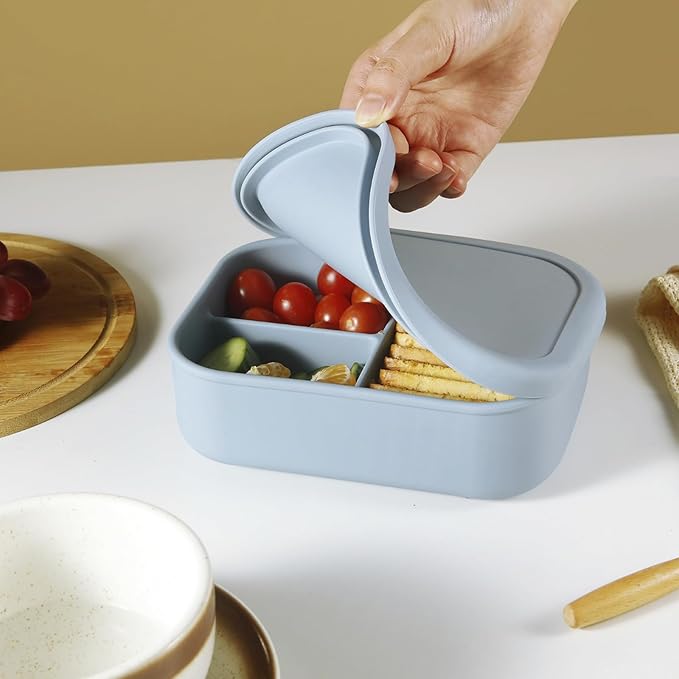 PandaEar 2 Pack Silicone Bento Lunch Box for Toddlers Kids, 3-Compartment Lunch Containers, Leak-Proof & BPA-Free, Microwave & Dishwasher Safe (Blue & Beige)