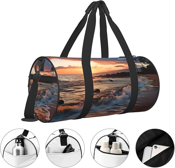 Beach Maui Hawaii Sunset Sea Waves Clouds Sports Gym Bag for Women Men Travel Duffel Bag Tote Weekender Bag Canvas Carry on Overnight Bag for Travel Swimming Fitness Workout Sports Duffle Bag