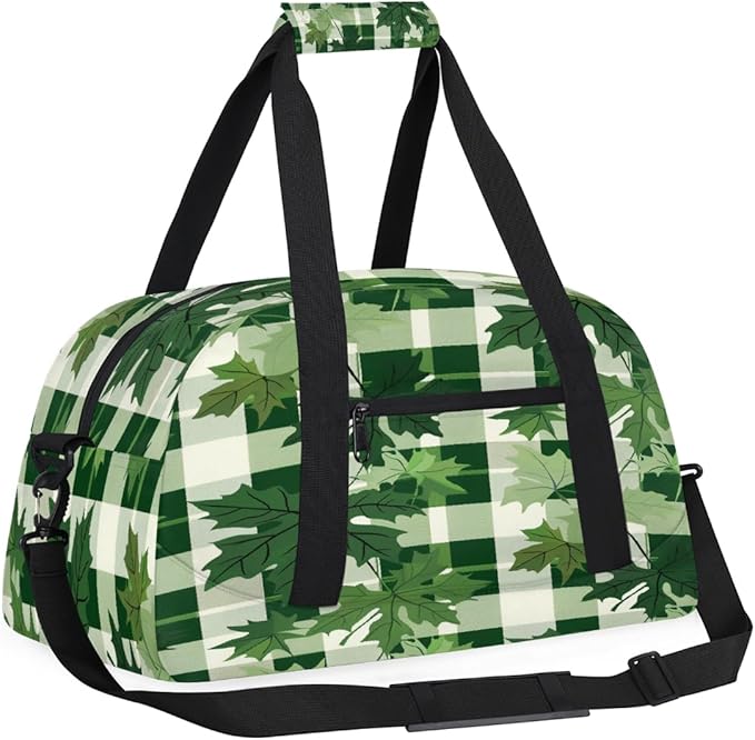 Sports Duffel Bags, Green Checkered Maple Leaves Water-Resistant Gym Duffle Bag for Men Women, Lightweight Weekender Overnight Bag for Fitness, Workout, Travel