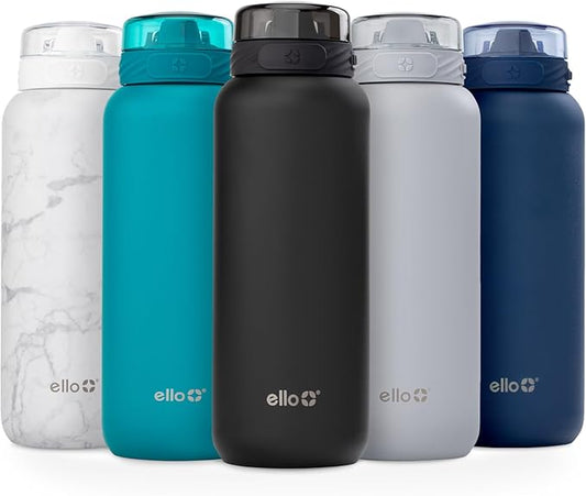 Ello Cooper 32oz Stainless Steel Water Bottle with Straw and Carry Handle, Double Walled and Vacuum Insulated Metal, Leak Proof Locking Lid with Soft Silicone Spout, Reusable, BPA Free, Black